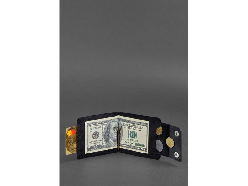 Мужское кожаное портмоне черное 10.0 зажим для денег Crazy Horse, фото 2