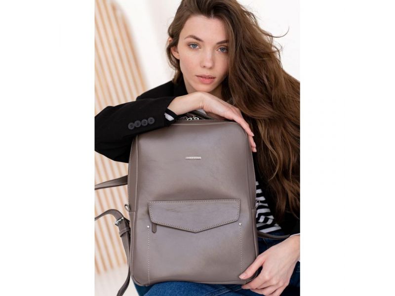 Кожаный городской женский рюкзак на молнии Cooper темно-бежевый, фото 7