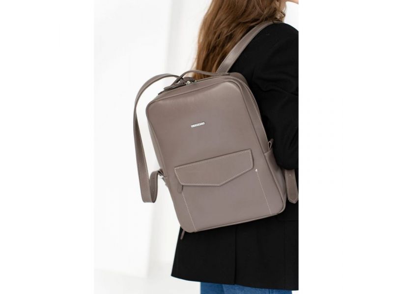 Кожаный городской женский рюкзак на молнии Cooper темно-бежевый, фото 8