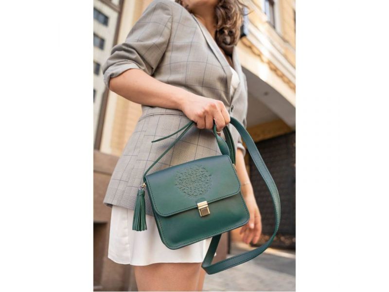 Кожаная женская бохо-сумка Лилу зеленая, фото 10