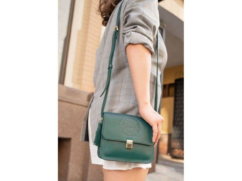 Кожаная женская бохо-сумка Лилу зеленая, фото 7