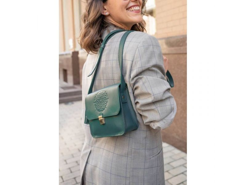 Кожаная женская бохо-сумка Лилу зеленая, фото 9