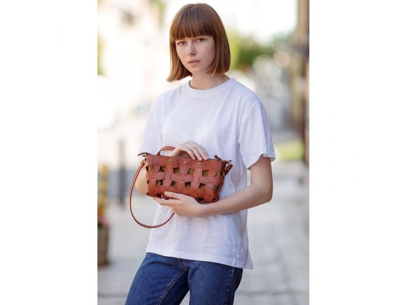 Кожаная плетеная женская сумка Пазл S светло-коричневая Crazy Horse, фото 7