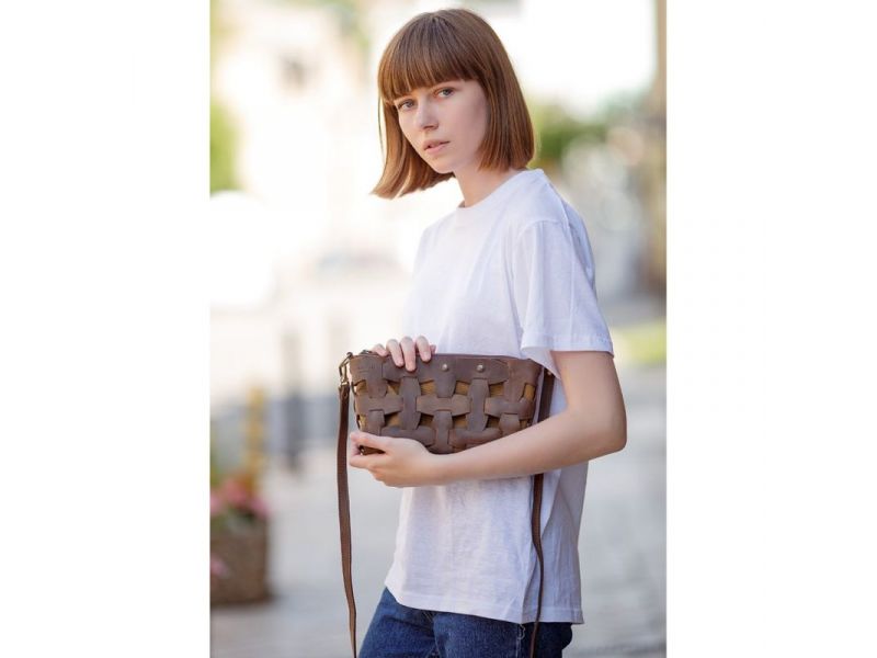 Кожаная плетеная женская сумка Пазл S темно-коричневый Crazy Horse, фото 7