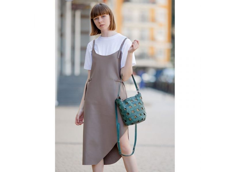 Кожаная плетеная женская сумка Пазл M зеленая Crazy Horse, фото 8