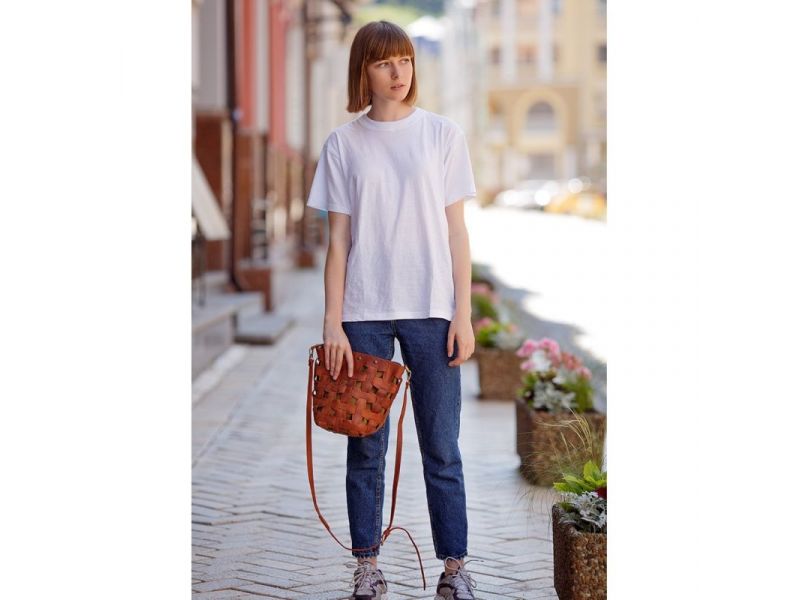 Кожаная плетеная женская сумка Пазл M светло-коричневая Crazy Horse, фото 7