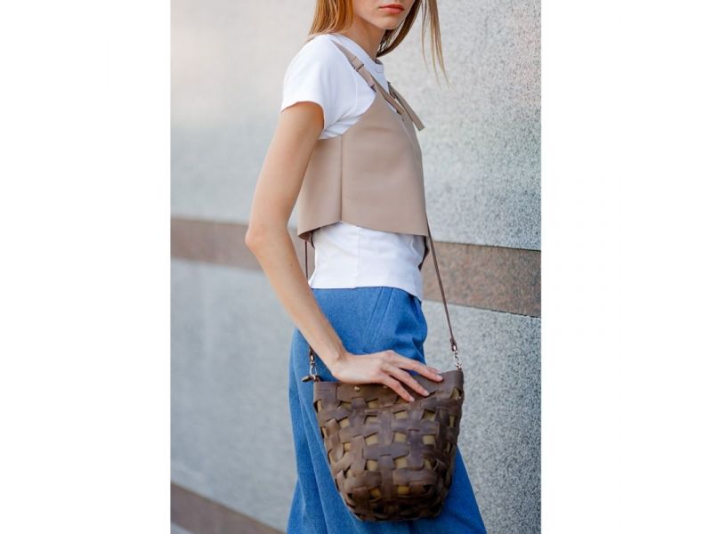 Кожаная плетеная женская сумка Пазл M темно-коричневая Crazy Horse, фото 7