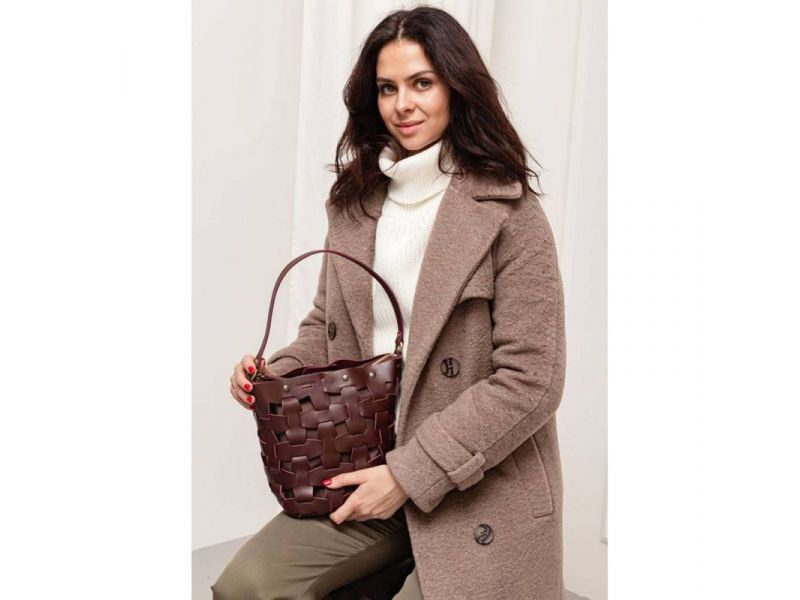 Кожаная плетеная женская сумка Пазл M бордовая Krast, фото 5