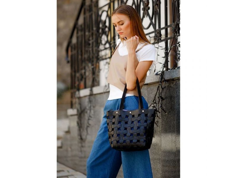 Кожаная плетеная женская сумка Пазл L черная Crazy Horse, фото 7