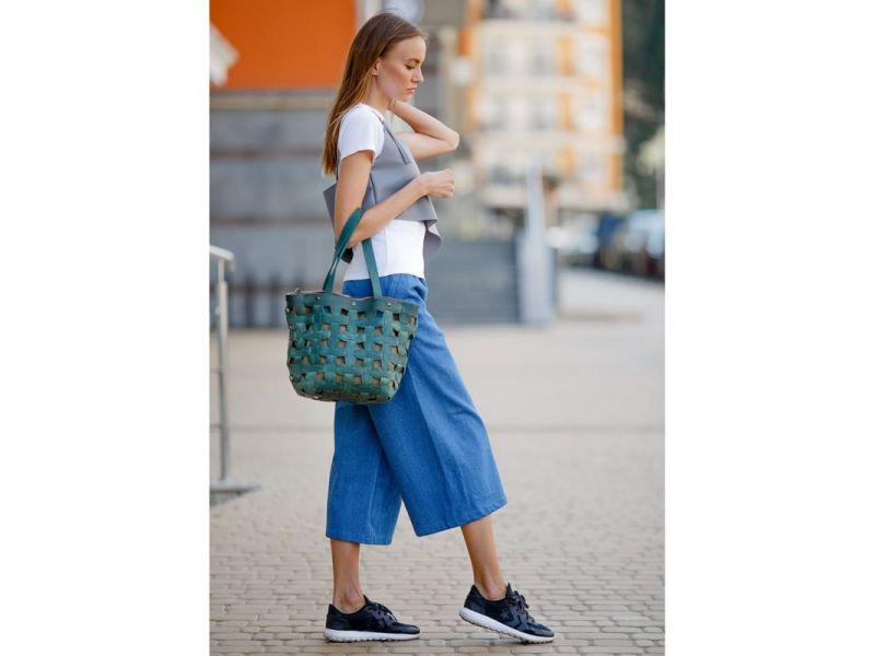 Кожаная плетеная женская сумка Пазл L зеленая Crazy Horse, фото 7
