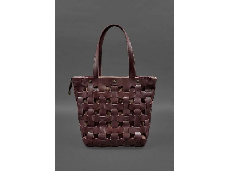 Кожаная плетеная женская сумка Пазл L бордовая краст, фото 1
