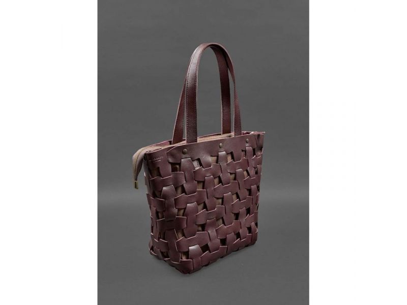 Кожаная плетеная женская сумка Пазл L бордовая краст, фото 2