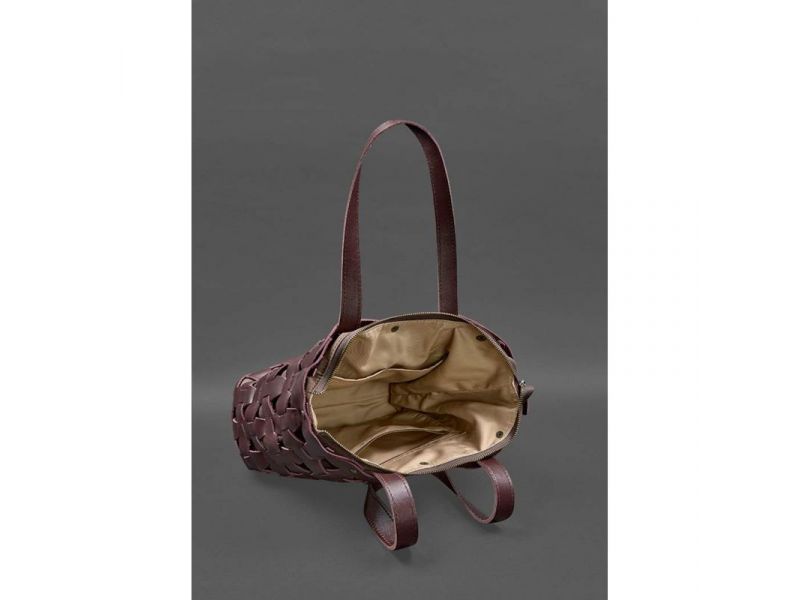 Кожаная плетеная женская сумка Пазл L бордовая краст, фото 6