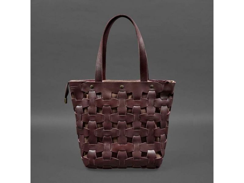 Кожаная плетеная женская сумка Пазл L бордовая краст, фото 7