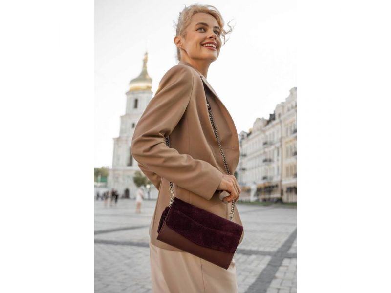 Женская кожаная сумка Элис бордовая Велюр краст, фото 7