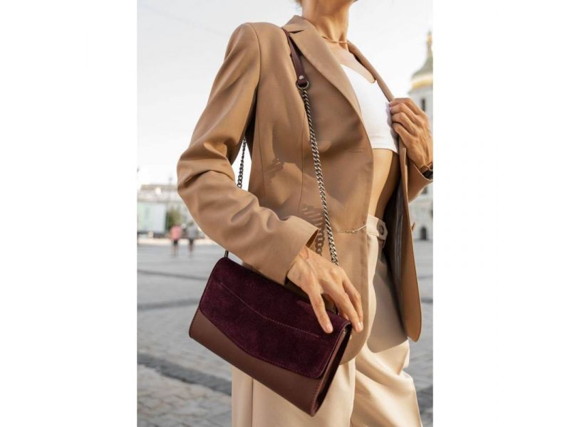 Женская кожаная сумка Элис бордовая Велюр краст, фото 8