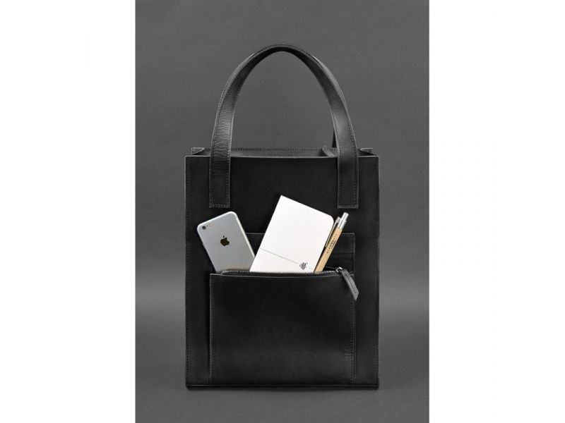 Кожаная женская сумка шоппер Бэтси с карманом черная, фото 3