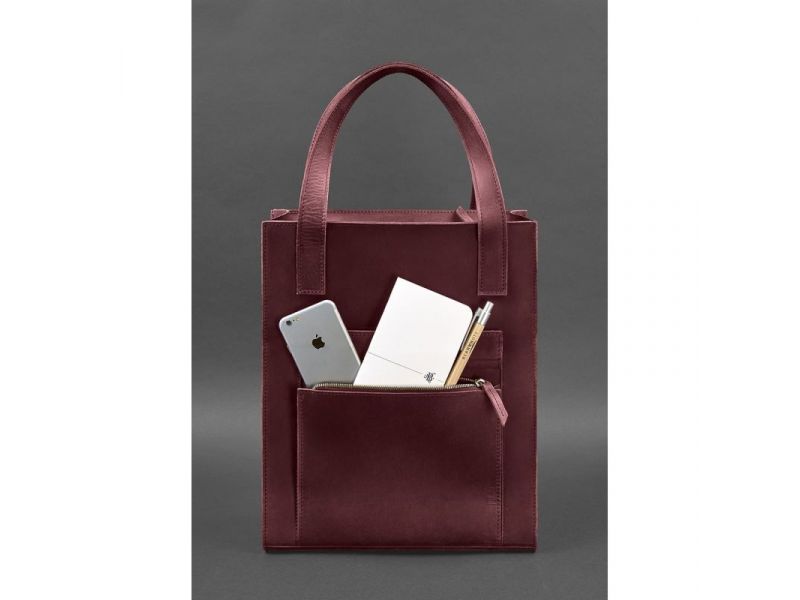 Кожаная женская сумка шоппер Бэтси с карманом бордовая, фото 3