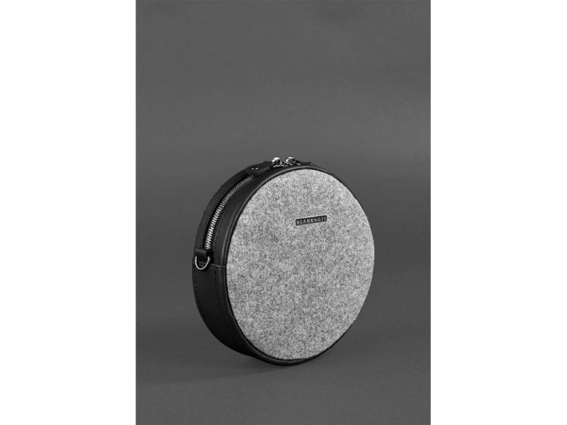 Круглая фетровая женская сумка Таблетка с кожаными черными вставками, фото 3