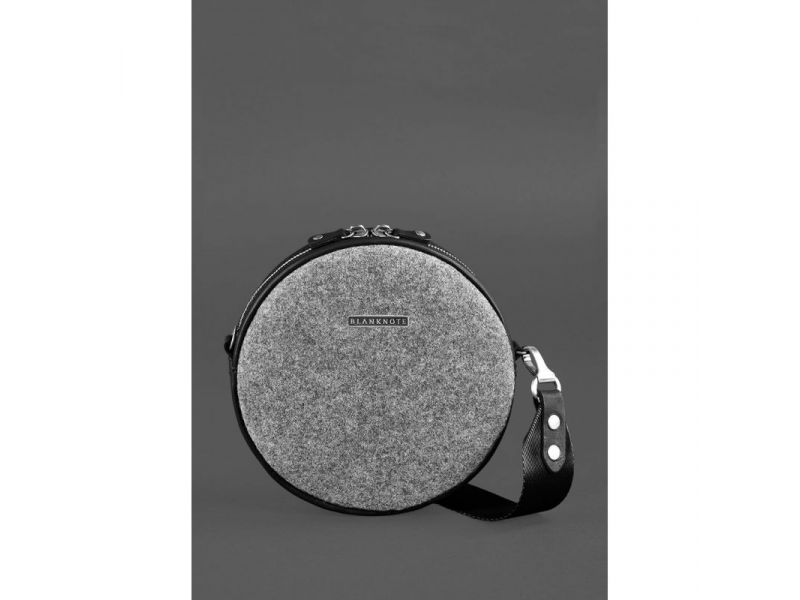 Круглая фетровая женская сумка Таблетка с кожаными черными вставками, фото 4