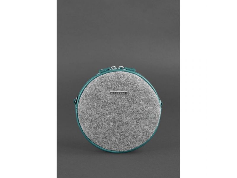 Круглая фетровая женская сумка Таблетка с кожаными бирюзовыми вставками, фото 1