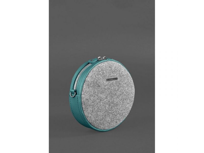 Круглая фетровая женская сумка Таблетка с кожаными бирюзовыми вставками, фото 2