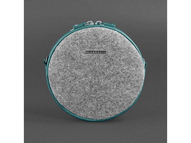 Круглая фетровая женская сумка Таблетка с кожаными бирюзовыми вставками, фото 5