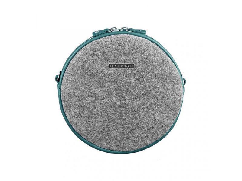 Круглая фетровая женская сумка Таблетка с кожаными бирюзовыми вставками, фото 6