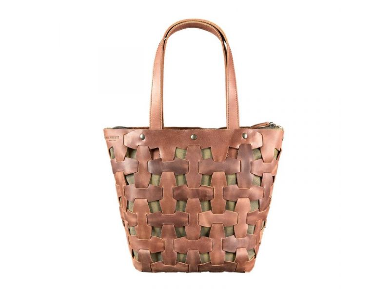 Кожаная плетеная женская сумка Пазл L светло-коричневая Crazy Horse, фото 10