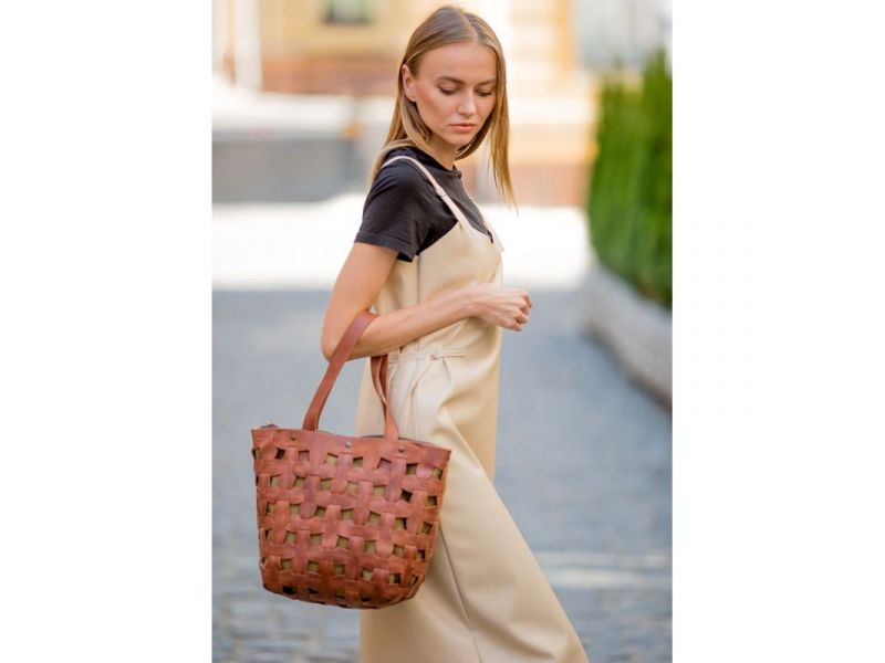 Кожаная плетеная женская сумка Пазл L светло-коричневая Crazy Horse, фото 1