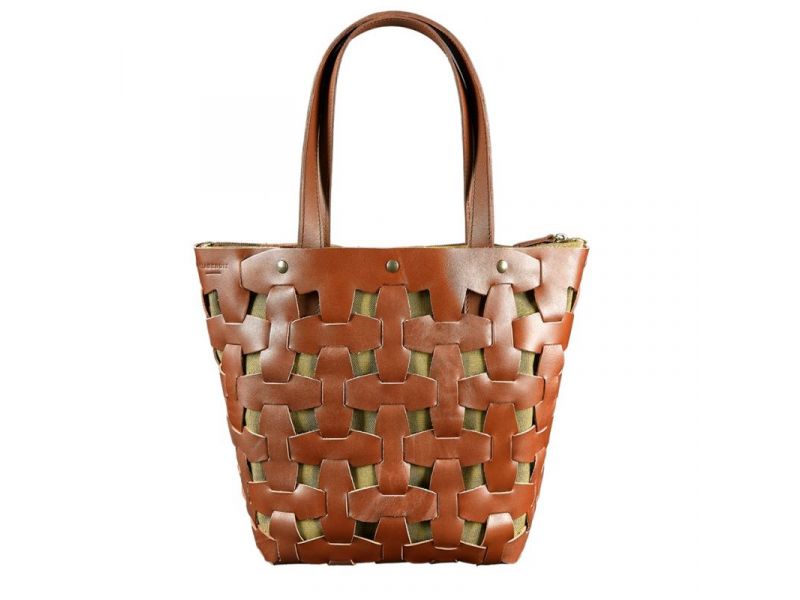 Кожаная плетеная женская сумка Пазл L светло-коричневая Krast, фото 9