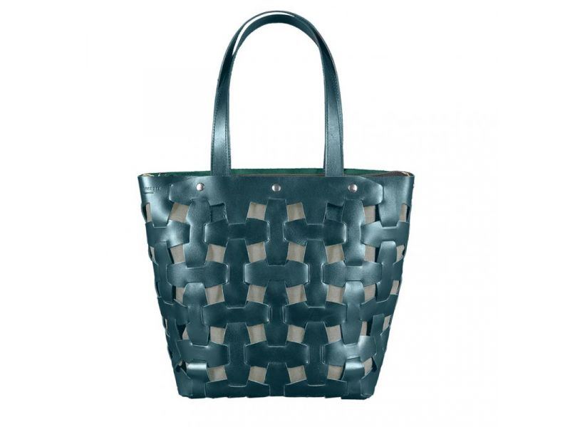 Кожаная плетеная женская сумка Пазл L зеленая Krast, фото 9