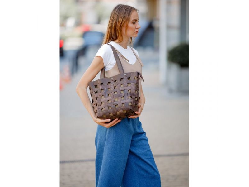 Кожаная плетеная женская сумка Пазл L темно-коричневый Crazy Horse, фото 6