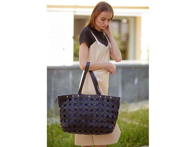 Кожаная плетеная женская сумка Пазл Xl черная Crazy Horse, фото 1