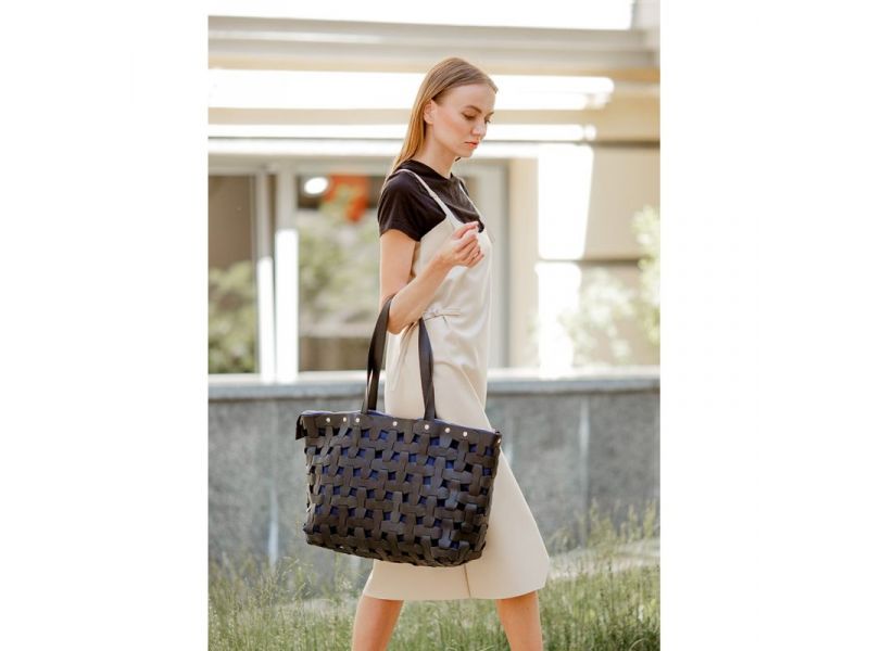 Кожаная плетеная женская сумка Пазл Xl черная Crazy Horse, фото 6