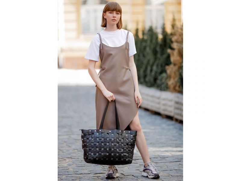 Кожаная плетеная женская сумка Пазл Xl черная Krast, фото 7