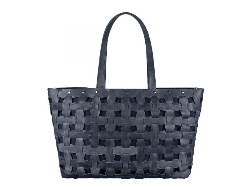 Кожаная плетеная женская сумка Пазл Xl синяя Crazy Horse, фото 9