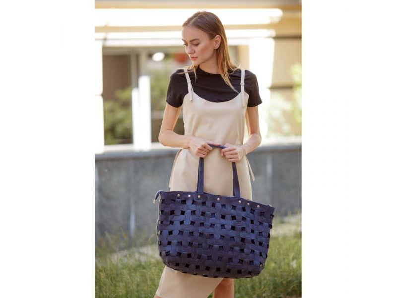 Кожаная плетеная женская сумка Пазл Xl синяя Crazy Horse, фото 6