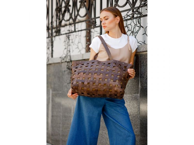 Кожаная плетеная женская сумка Пазл Xl темно-коричневый Crazy Horse, фото 7