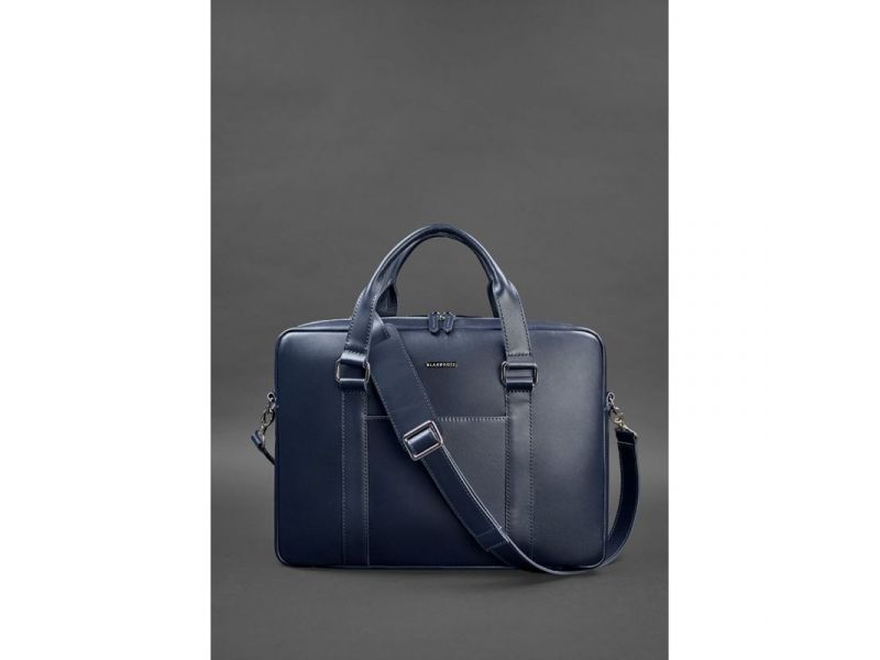 Мужская кожаная сумка для ноутбука и документов темно-синяя, фото 4