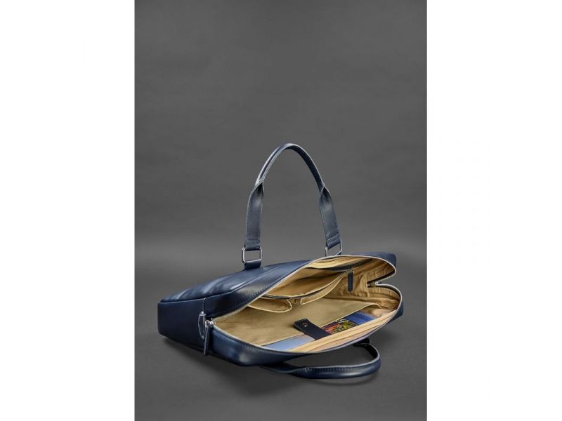 Мужская кожаная сумка для ноутбука и документов темно-синяя, фото 5