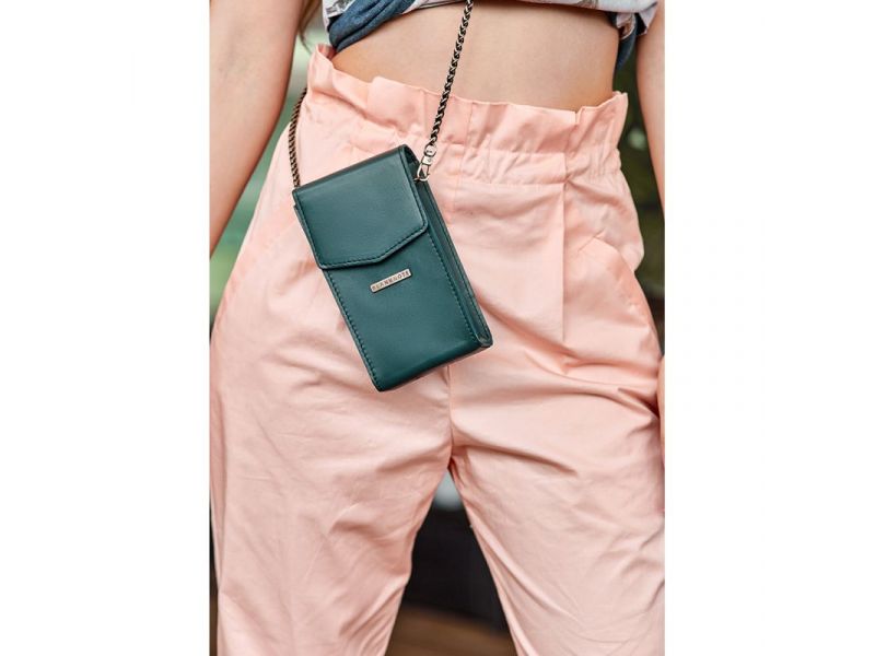 Вертикальная женская кожаная сумка Mini поясная/кроссбоди зеленая, фото 7