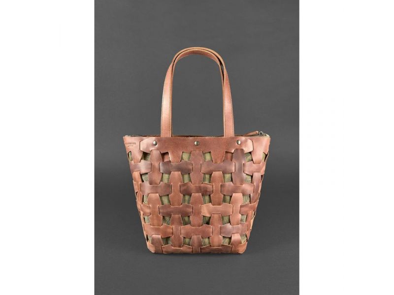 Кожаная плетеная женская сумка Пазл L светло-коричневая Crazy Horse, фото 2