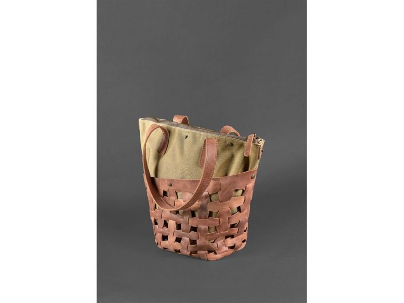 Кожаная плетеная женская сумка Пазл L светло-коричневая Crazy Horse, фото 5