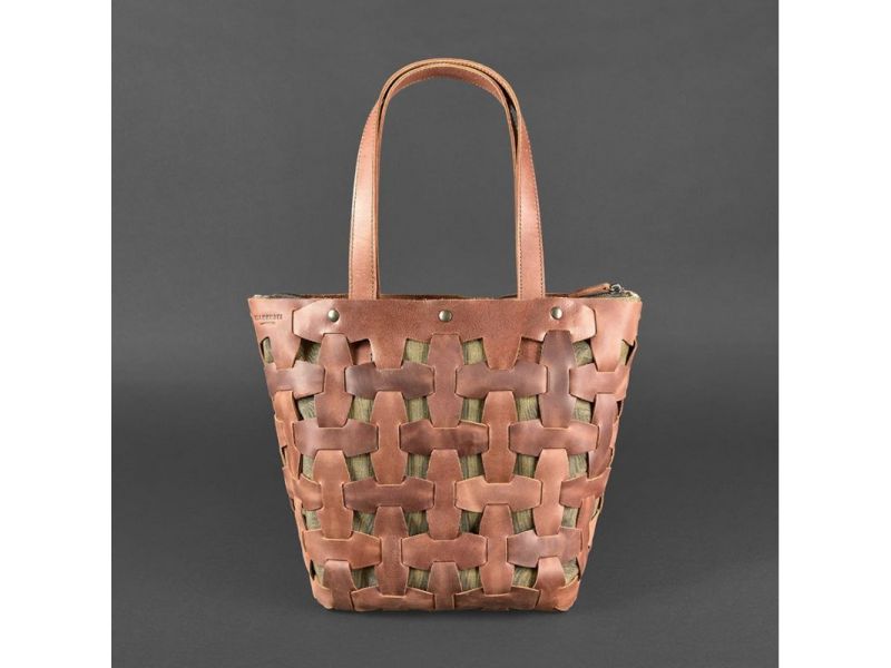 Кожаная плетеная женская сумка Пазл L светло-коричневая Crazy Horse, фото 9