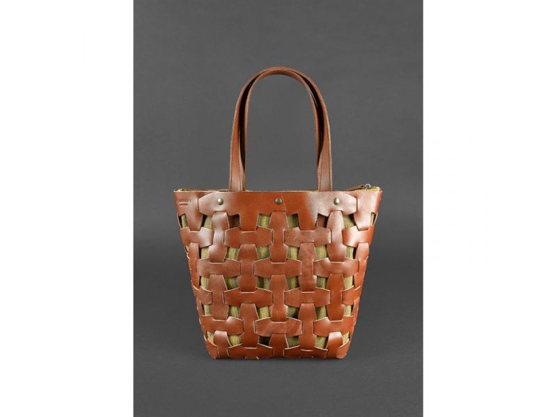 Кожаная плетеная женская сумка Пазл L светло-коричневая Krast, фото 2