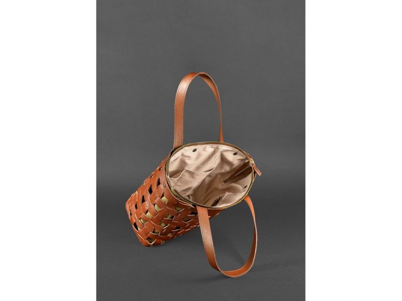 Кожаная плетеная женская сумка Пазл L светло-коричневая Krast, фото 5