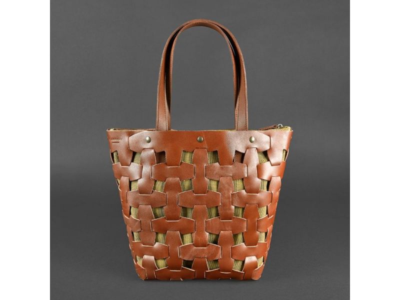 Кожаная плетеная женская сумка Пазл L светло-коричневая Krast, фото 8