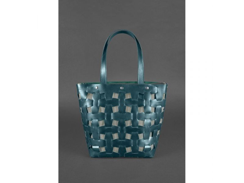 Кожаная плетеная женская сумка Пазл L зеленая Krast, фото 2
