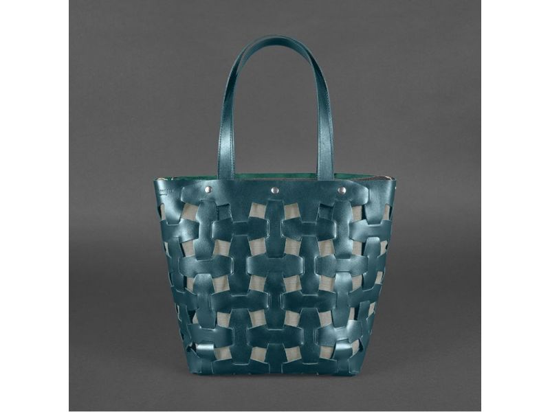 Кожаная плетеная женская сумка Пазл L зеленая Krast, фото 8